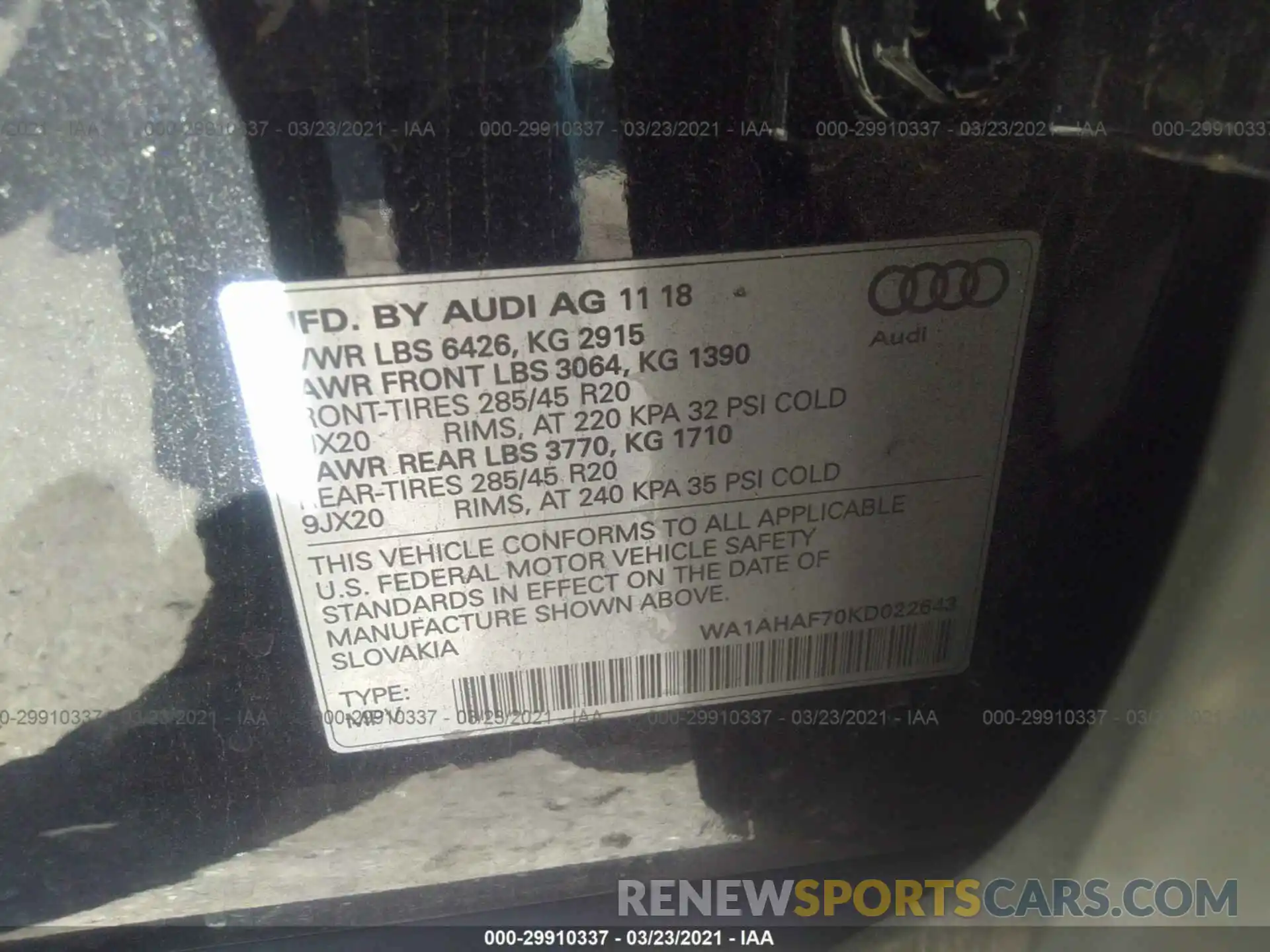 9 Фотография поврежденного автомобиля WA1AHAF70KD022643 AUDI Q7 2019