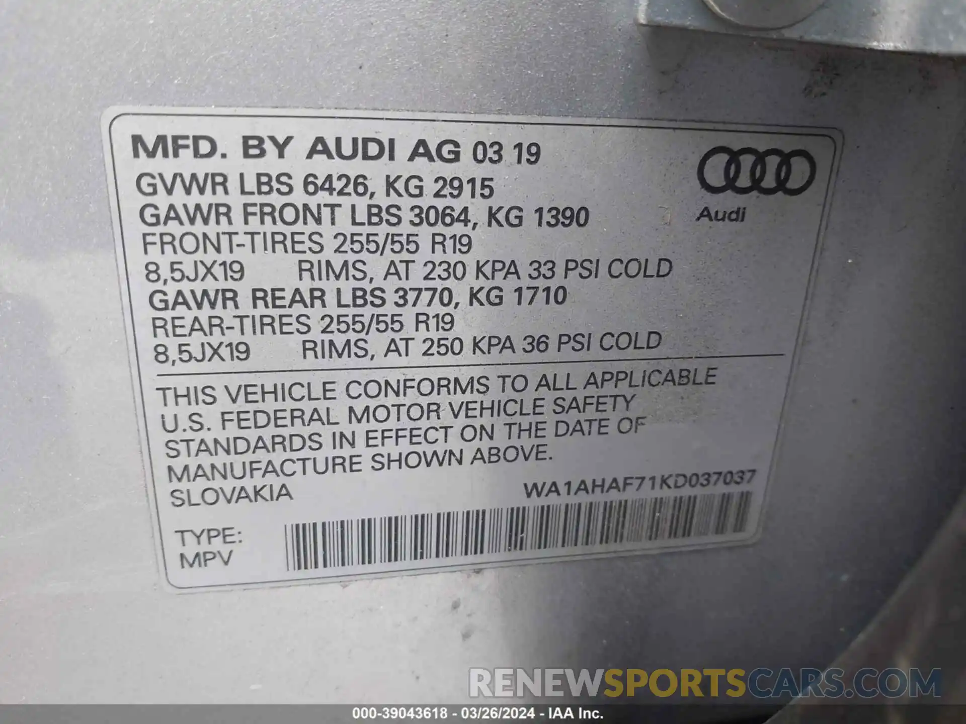 9 Фотография поврежденного автомобиля WA1AHAF71KD037037 AUDI Q7 2019