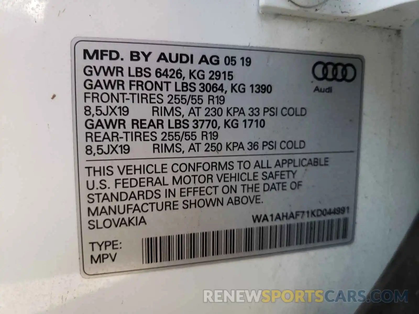 10 Фотография поврежденного автомобиля WA1AHAF71KD044991 AUDI Q7 2019