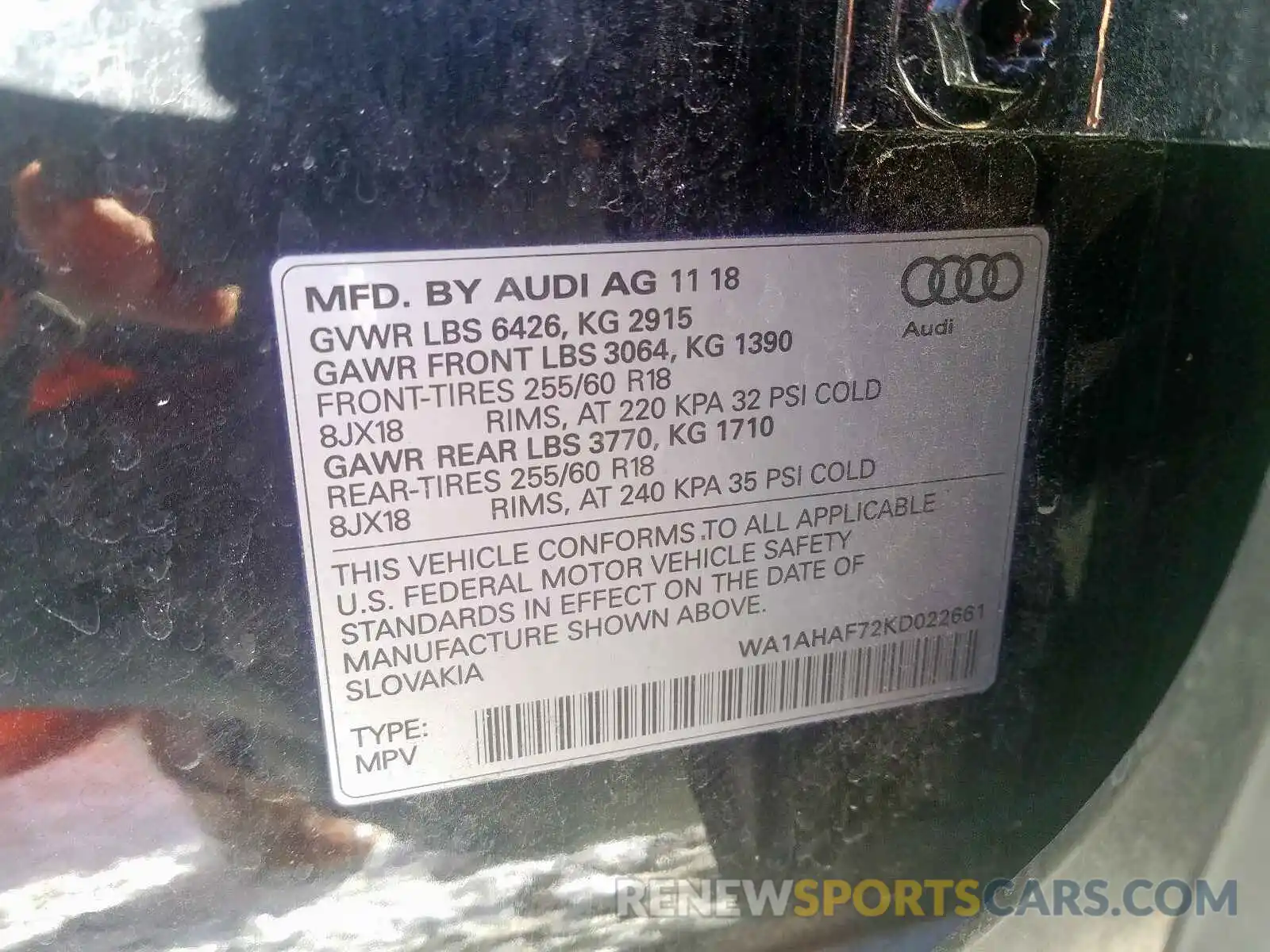 10 Photograph of a damaged car WA1AHAF72KD022661 AUDI Q7 2019