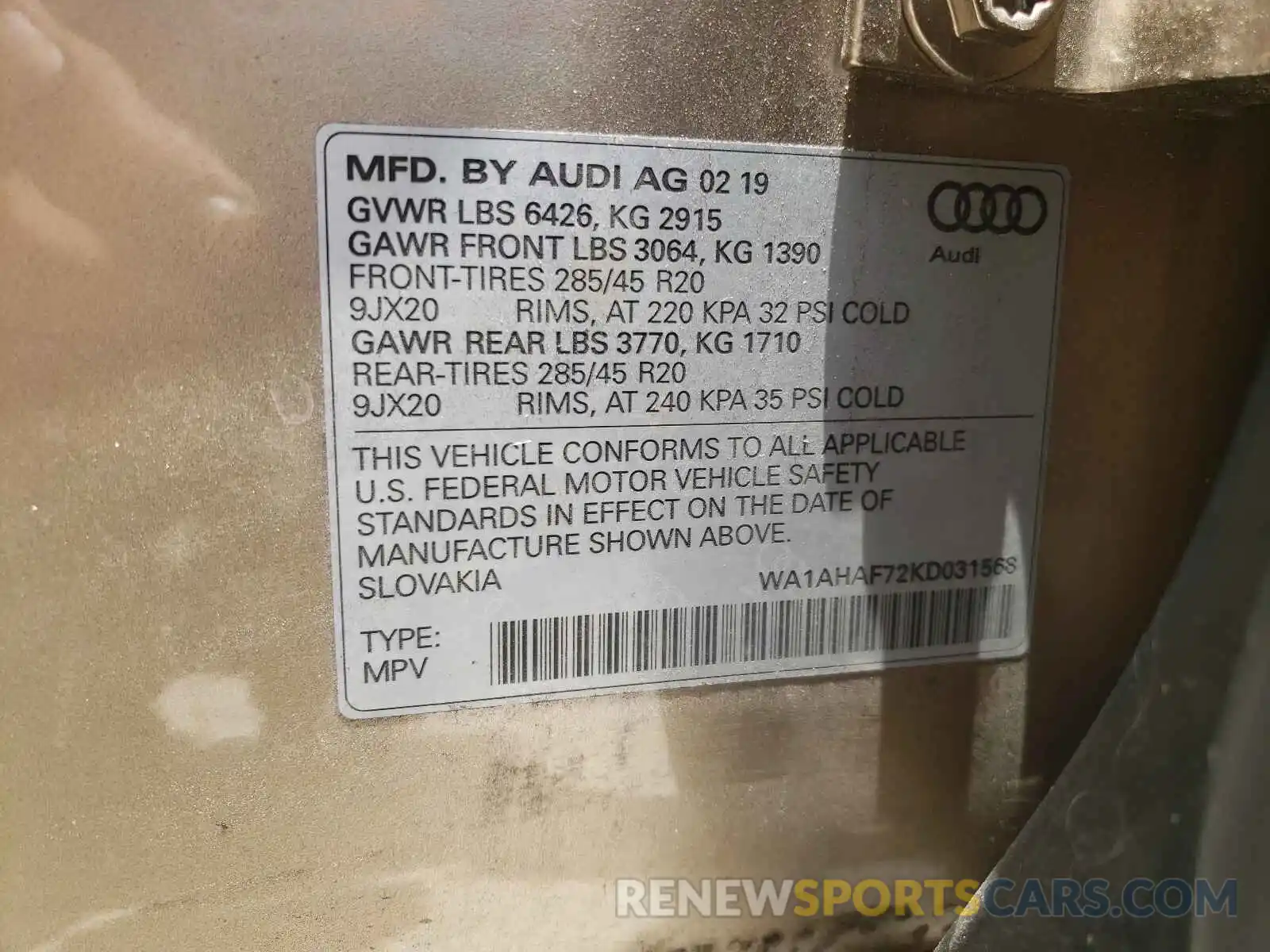 10 Photograph of a damaged car WA1AHAF72KD031568 AUDI Q7 2019