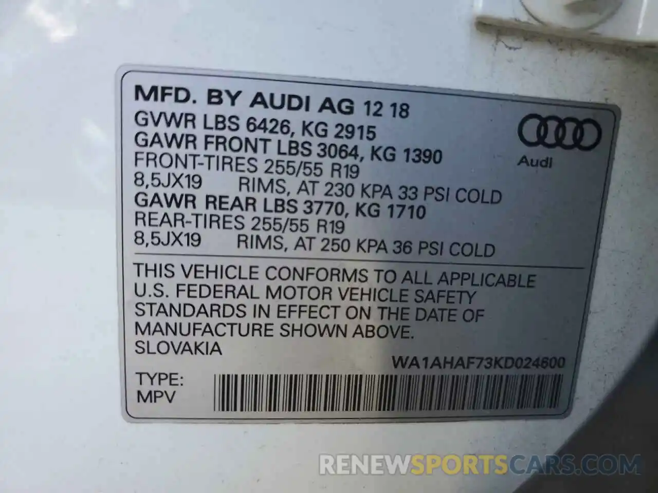 10 Photograph of a damaged car WA1AHAF73KD024600 AUDI Q7 2019