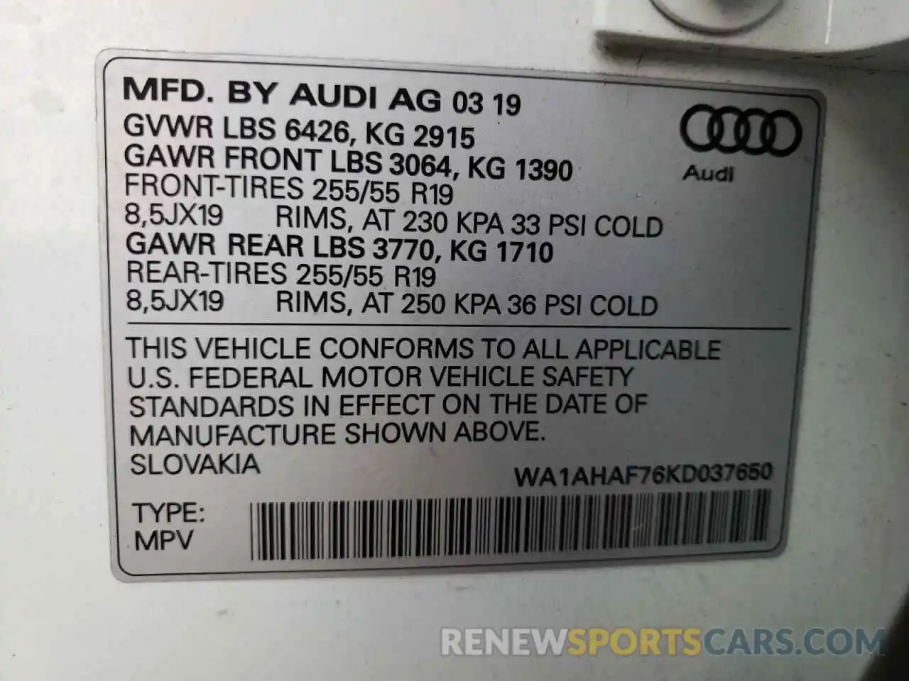 10 Photograph of a damaged car WA1AHAF76KD037650 AUDI Q7 2019