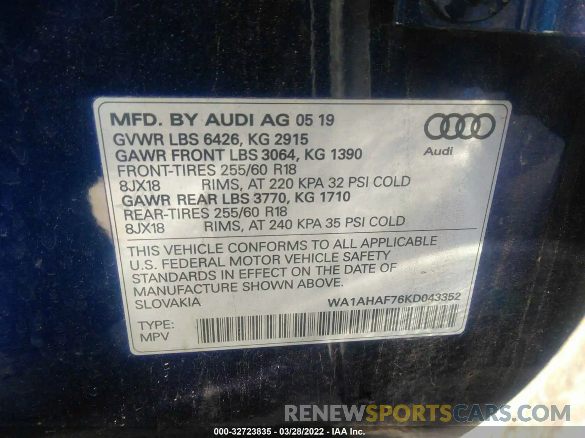 9 Фотография поврежденного автомобиля WA1AHAF76KD043352 AUDI Q7 2019