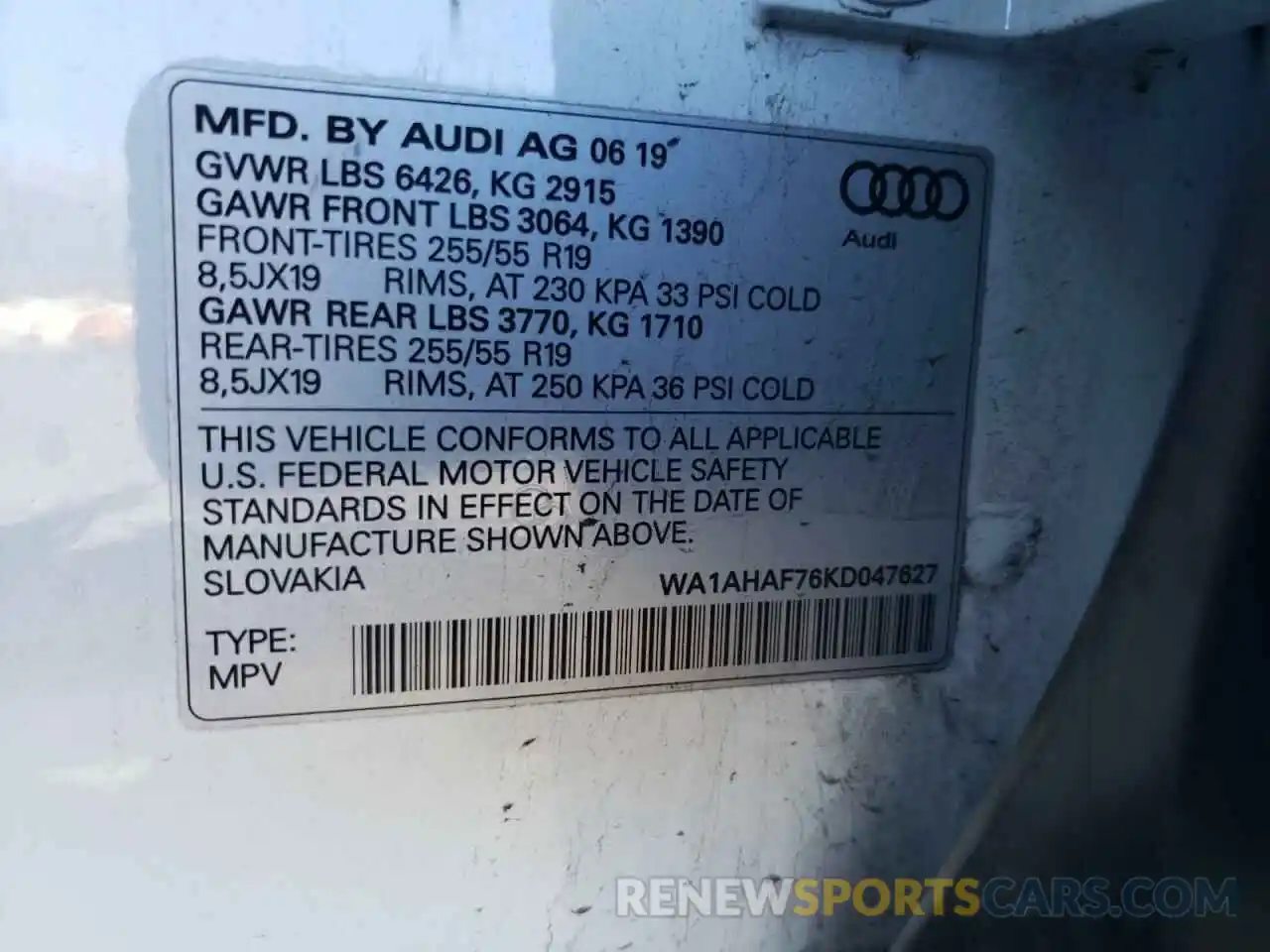 10 Photograph of a damaged car WA1AHAF76KD047627 AUDI Q7 2019