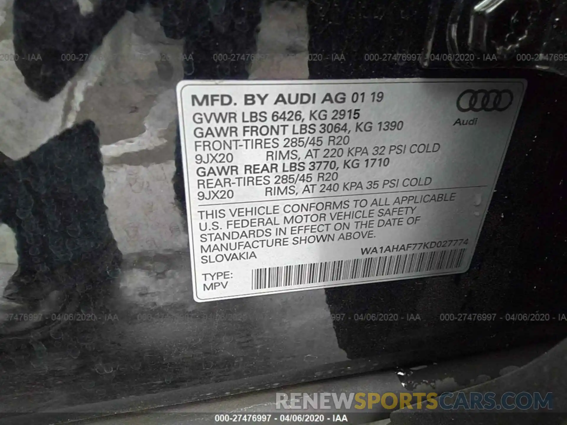 9 Фотография поврежденного автомобиля WA1AHAF77KD027774 AUDI Q7 2019