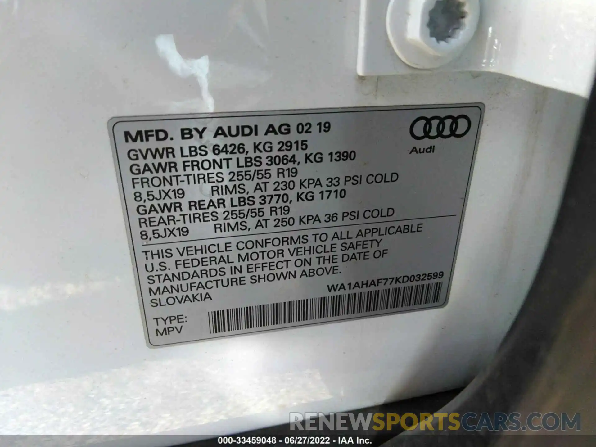 9 Фотография поврежденного автомобиля WA1AHAF77KD032599 AUDI Q7 2019