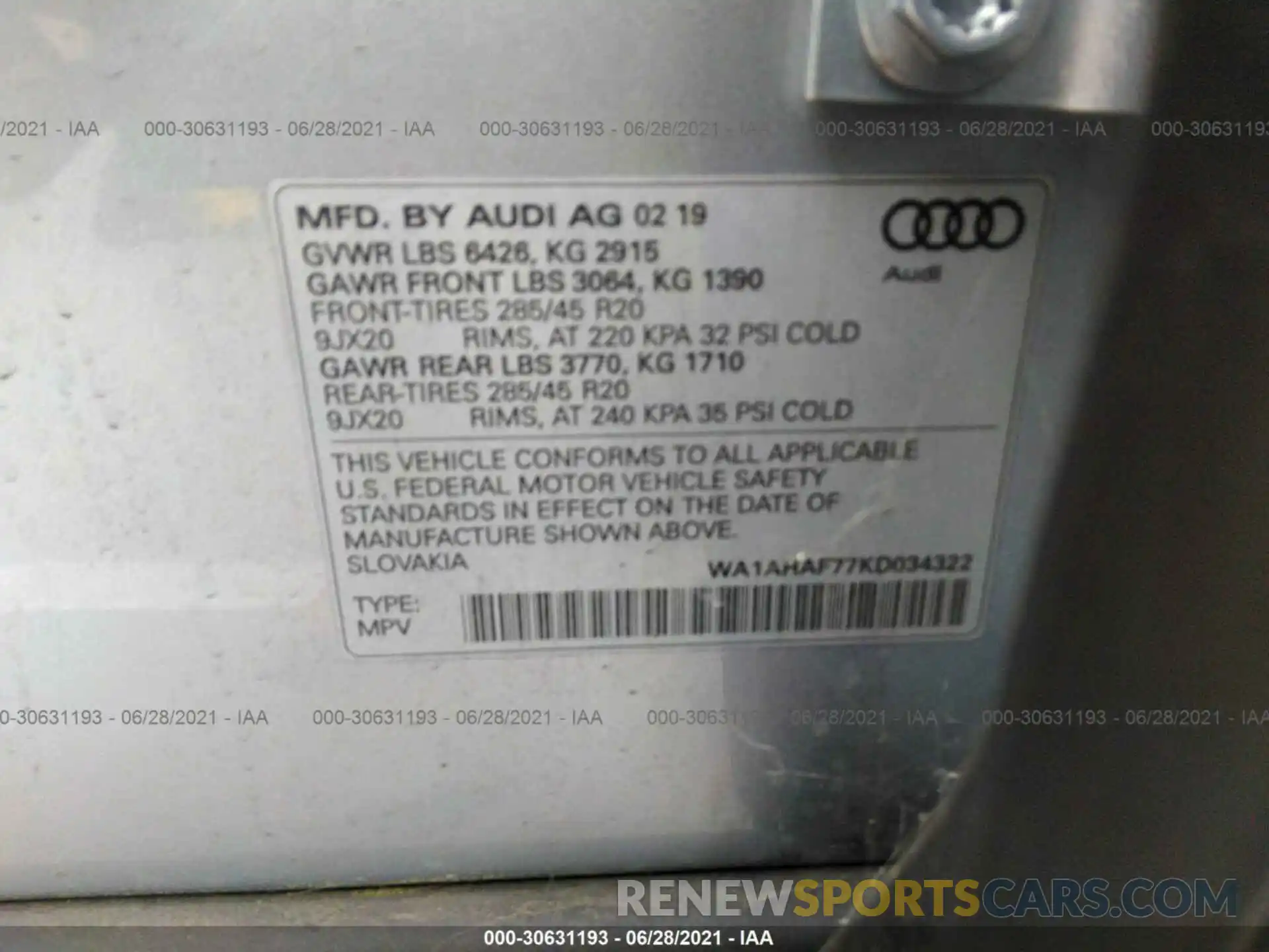 9 Фотография поврежденного автомобиля WA1AHAF77KD034322 AUDI Q7 2019