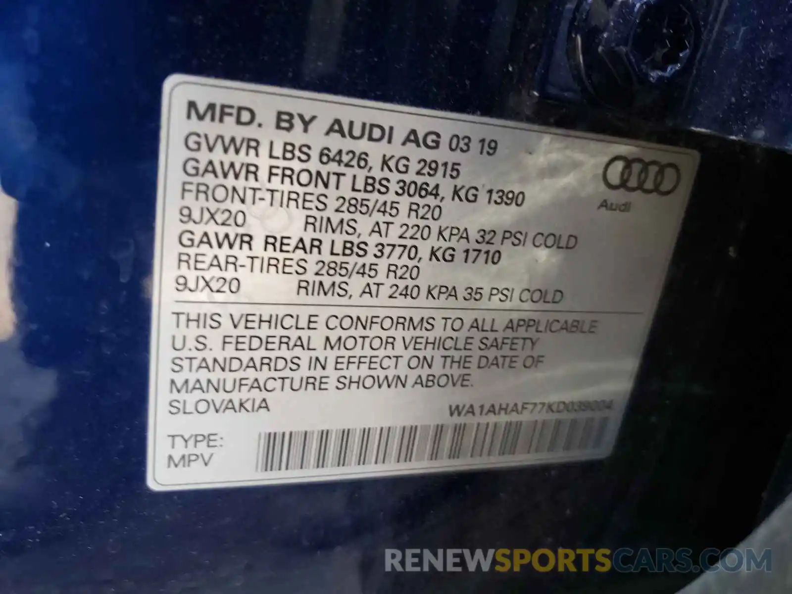 10 Photograph of a damaged car WA1AHAF77KD039004 AUDI Q7 2019