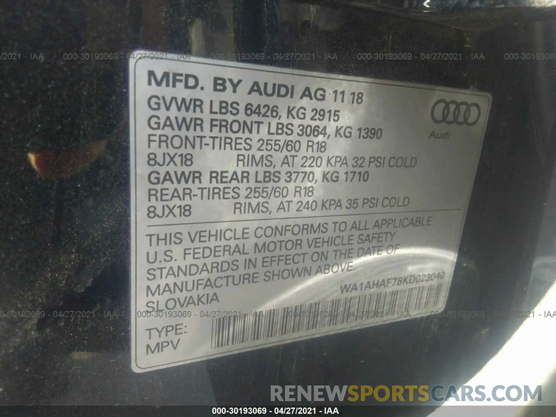 9 Фотография поврежденного автомобиля WA1AHAF78KD023040 AUDI Q7 2019