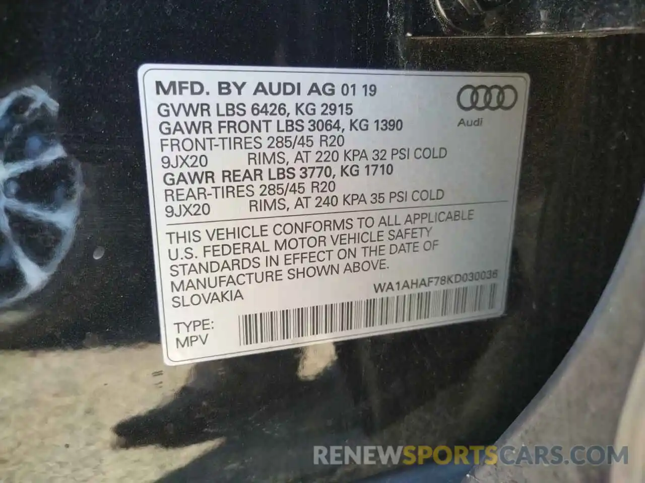 10 Photograph of a damaged car WA1AHAF78KD030036 AUDI Q7 2019