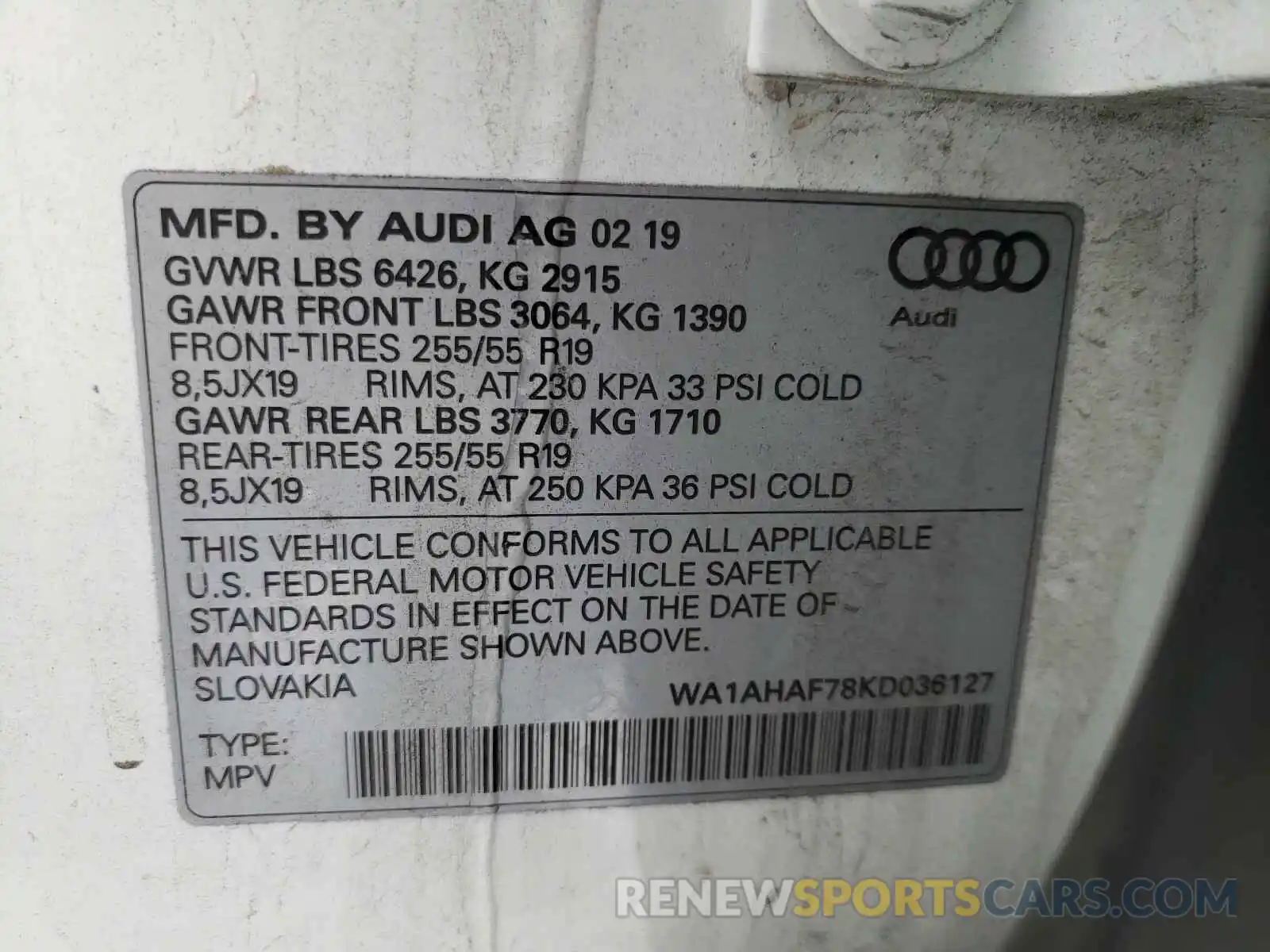 10 Photograph of a damaged car WA1AHAF78KD036127 AUDI Q7 2019