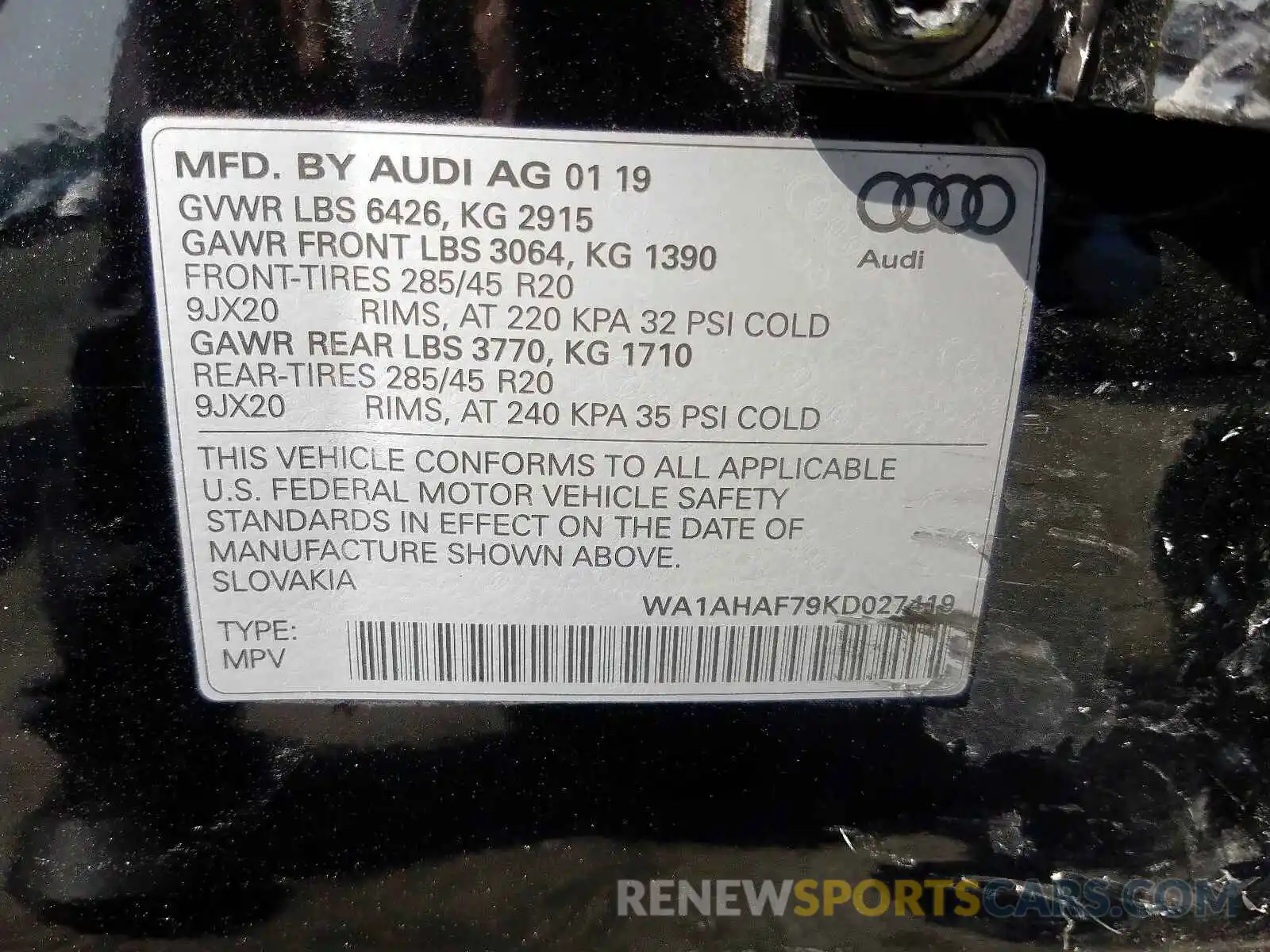 10 Фотография поврежденного автомобиля WA1AHAF79KD027419 AUDI Q7 2019