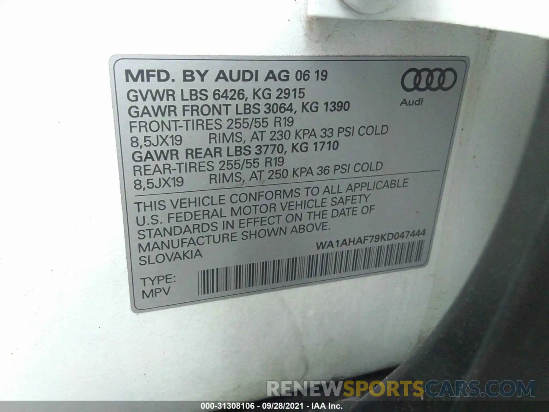 9 Photograph of a damaged car WA1AHAF79KD047444 AUDI Q7 2019