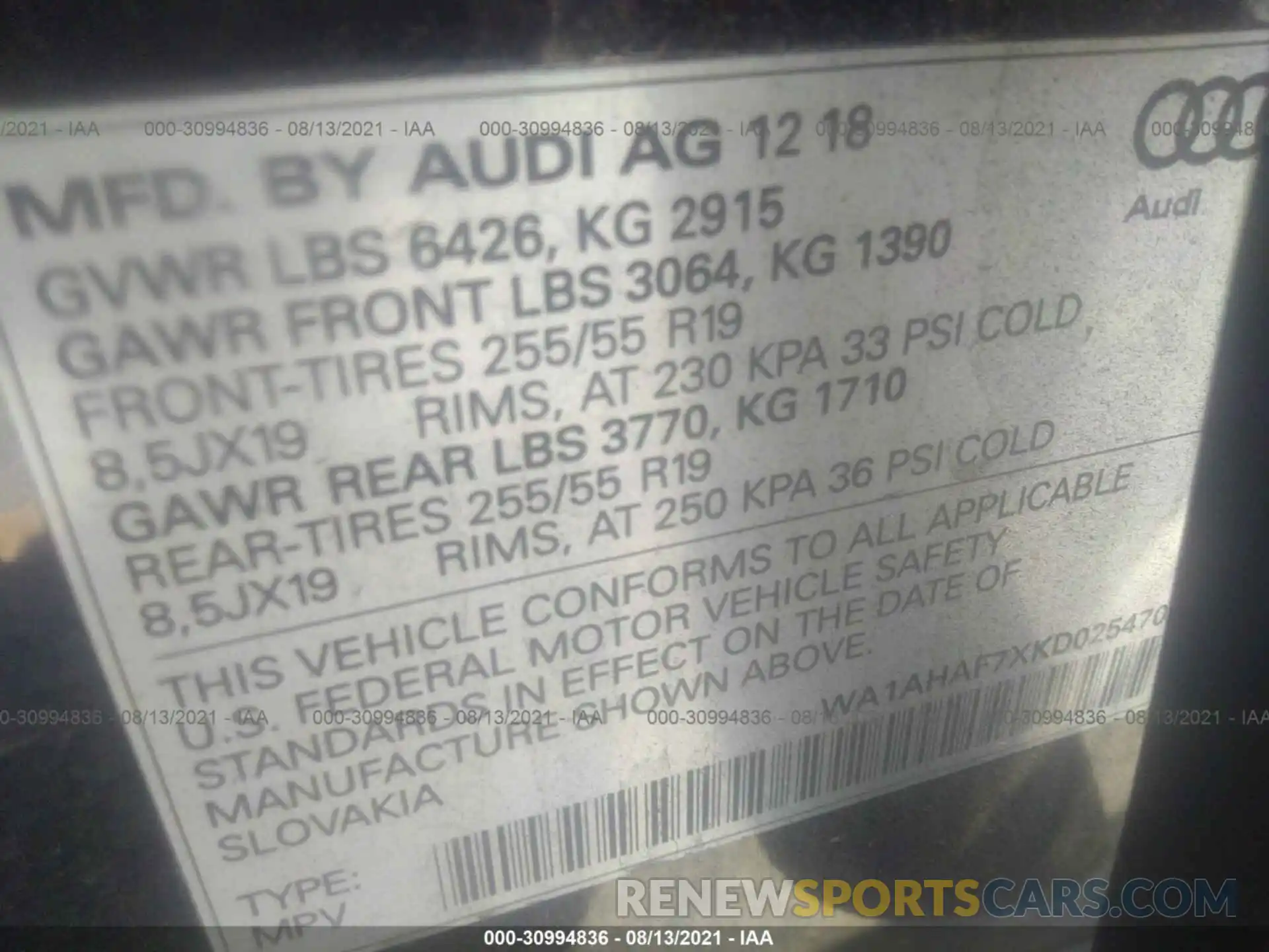 9 Photograph of a damaged car WA1AHAF7XKD025470 AUDI Q7 2019