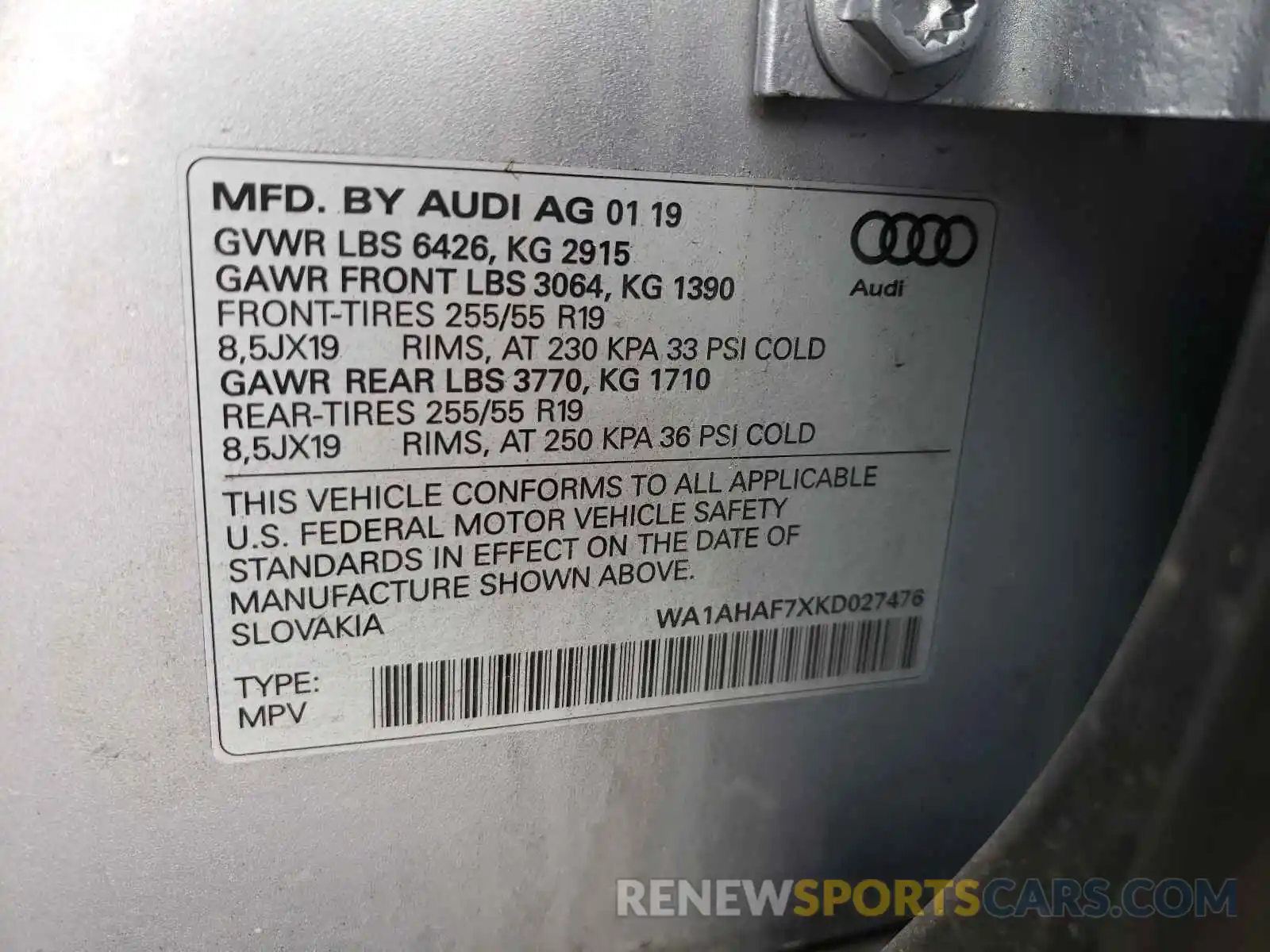 10 Photograph of a damaged car WA1AHAF7XKD027476 AUDI Q7 2019