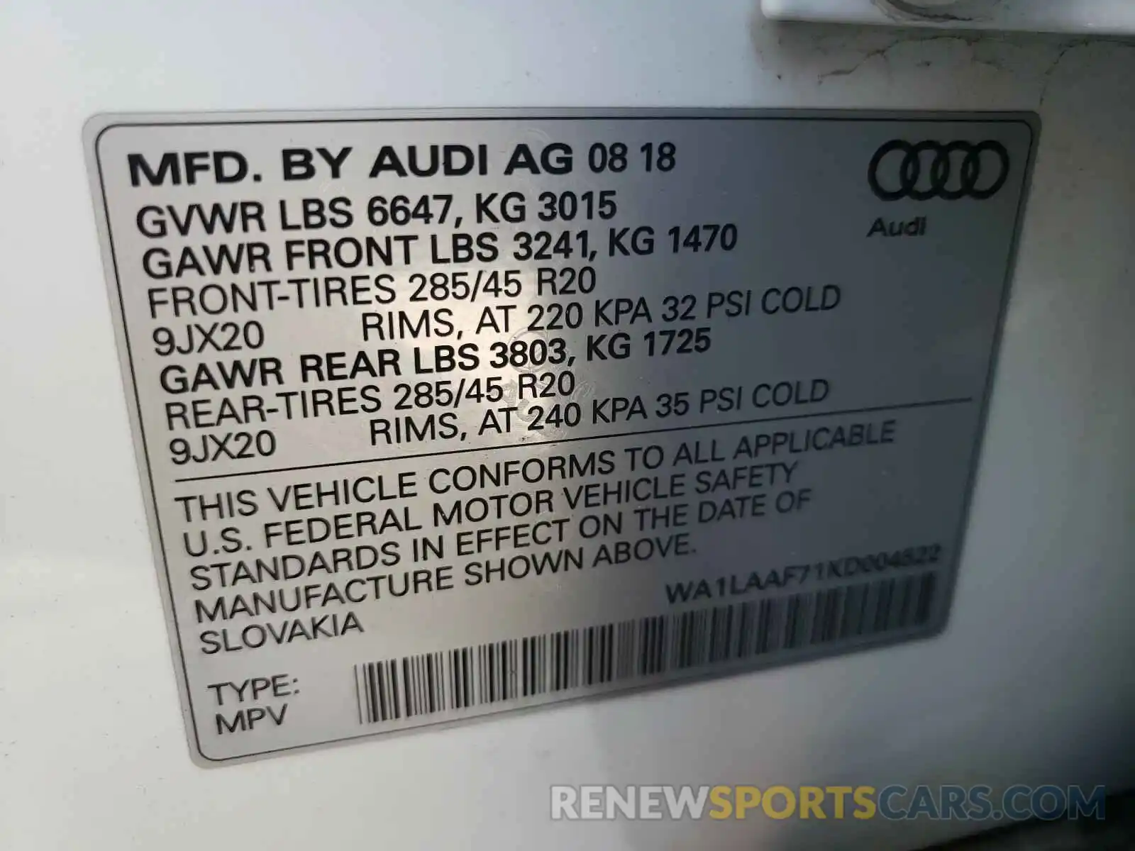 10 Photograph of a damaged car WA1LAAF71KD004522 AUDI Q7 2019