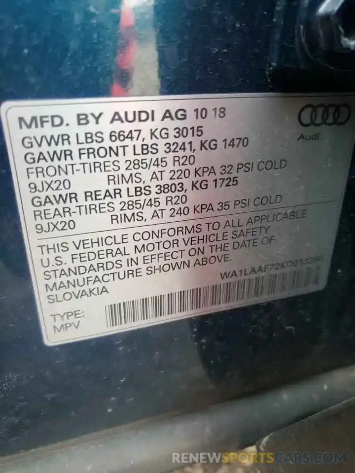 10 Photograph of a damaged car WA1LAAF72KD013360 AUDI Q7 2019