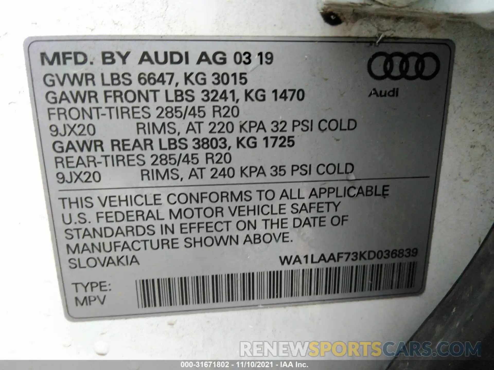 9 Фотография поврежденного автомобиля WA1LAAF73KD036839 AUDI Q7 2019