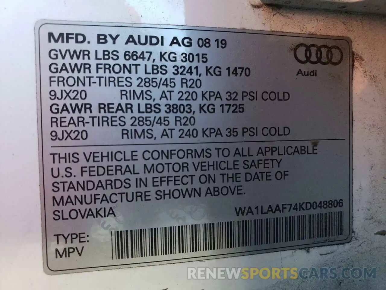 10 Photograph of a damaged car WA1LAAF74KD048806 AUDI Q7 2019