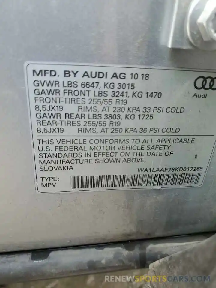 13 Фотография поврежденного автомобиля WA1LAAF76KD017265 AUDI Q7 2019