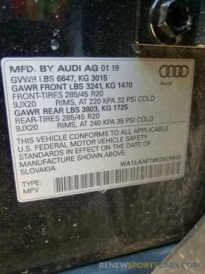 10 Фотография поврежденного автомобиля WA1LAAF76KD028640 AUDI Q7 2019