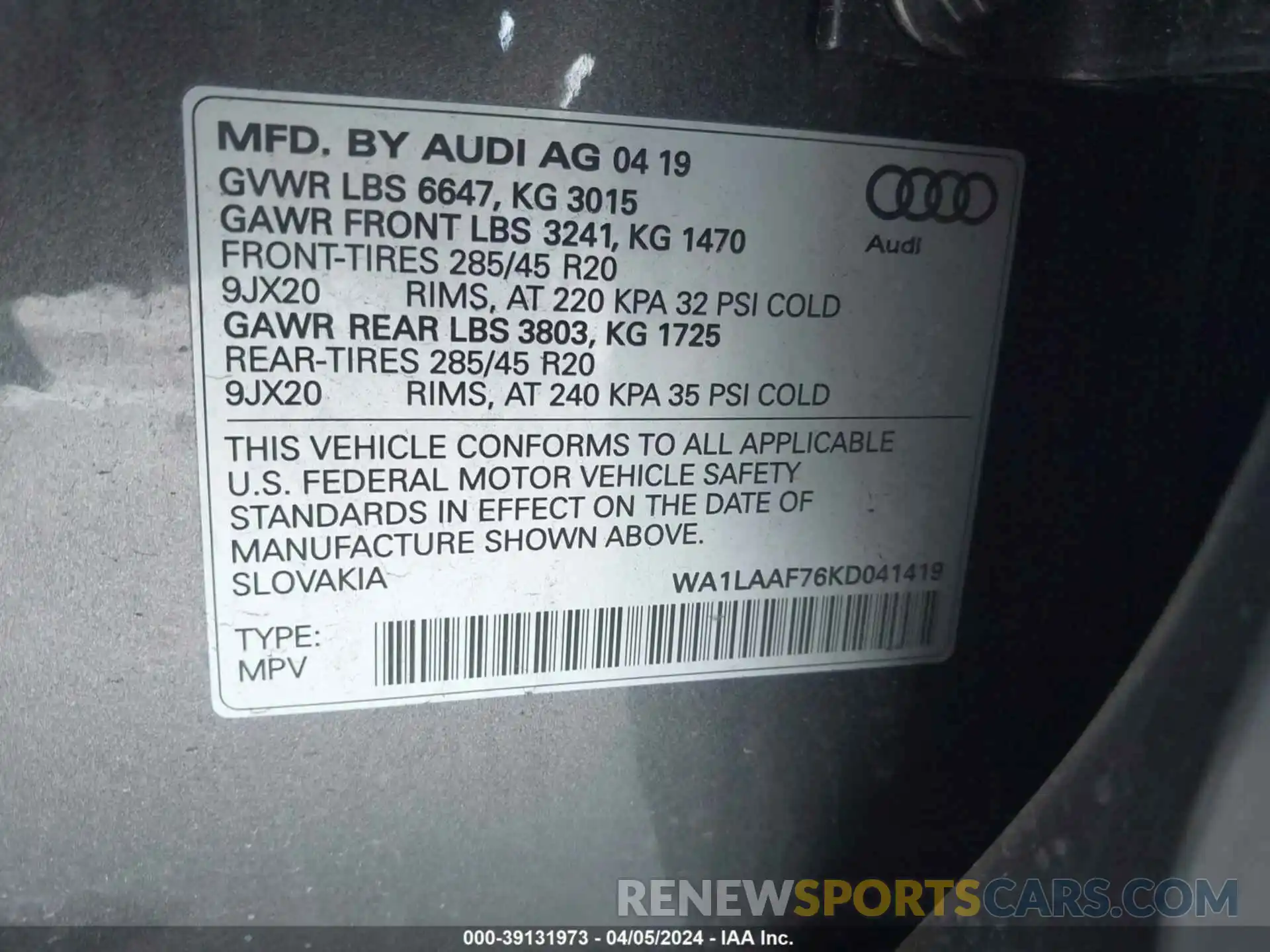 9 Фотография поврежденного автомобиля WA1LAAF76KD041419 AUDI Q7 2019