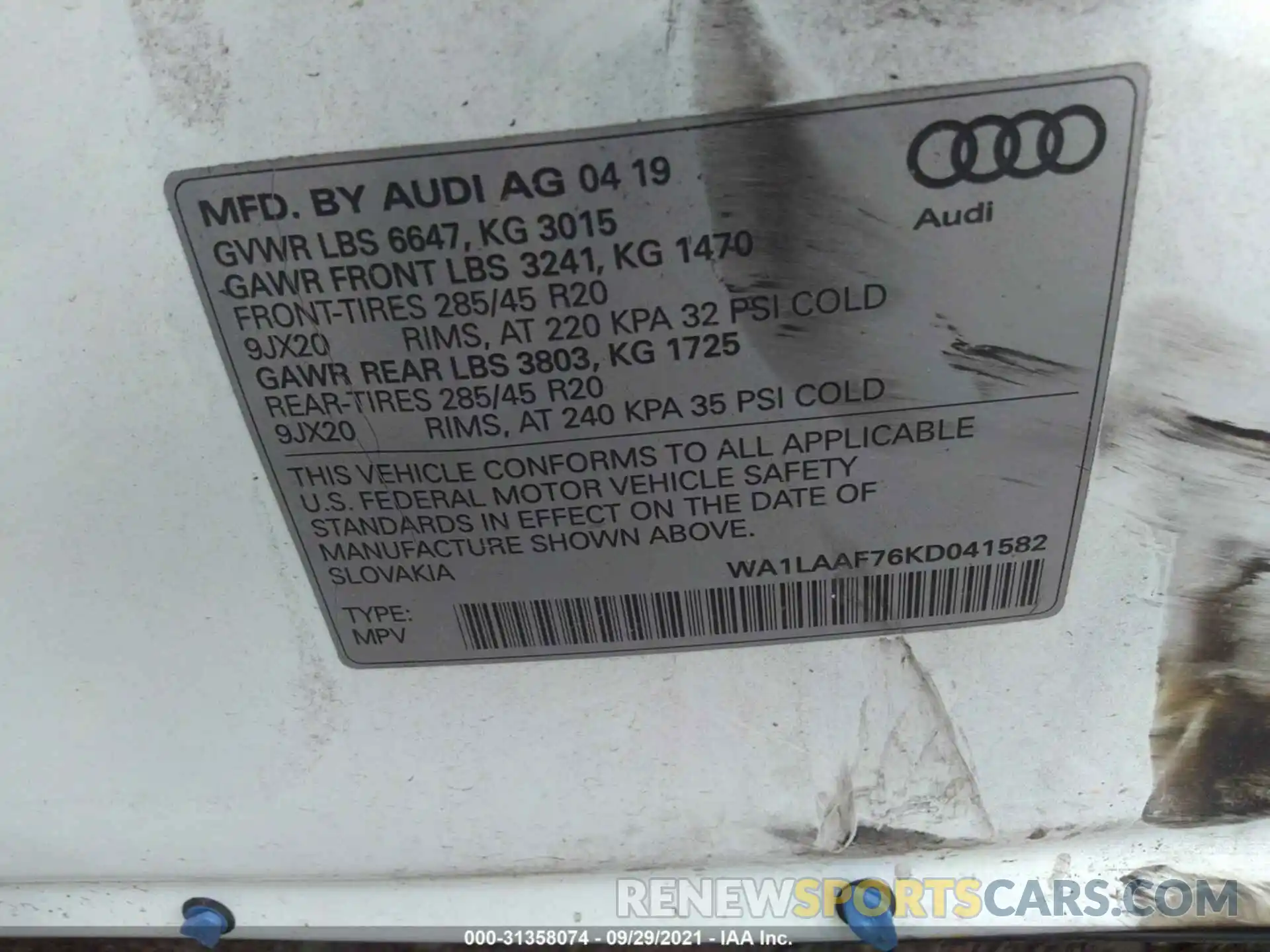 9 Фотография поврежденного автомобиля WA1LAAF76KD041582 AUDI Q7 2019