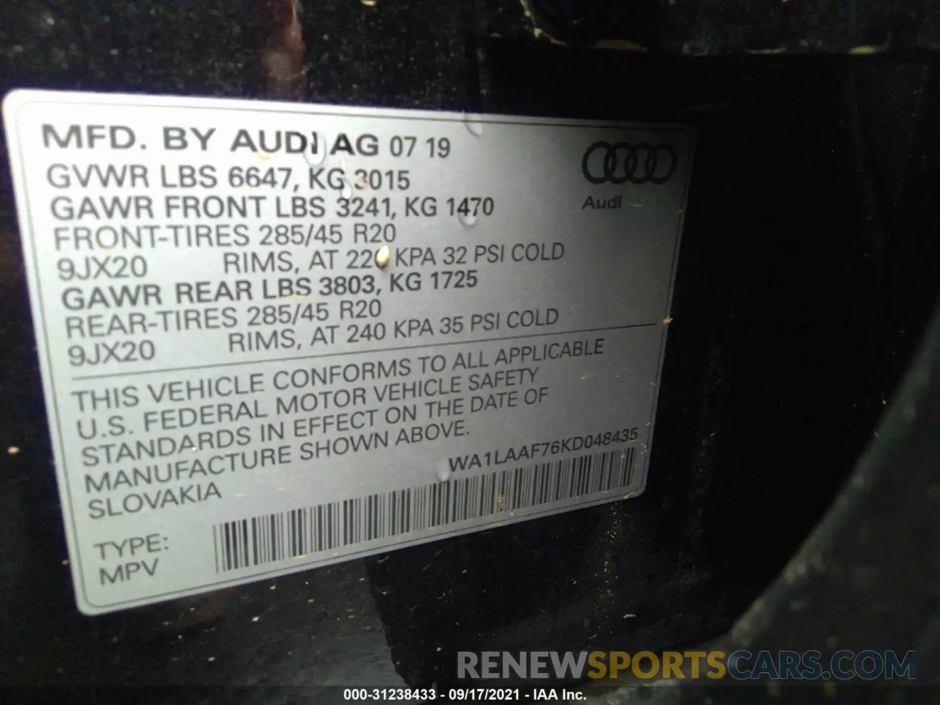 9 Фотография поврежденного автомобиля WA1LAAF76KD048435 AUDI Q7 2019