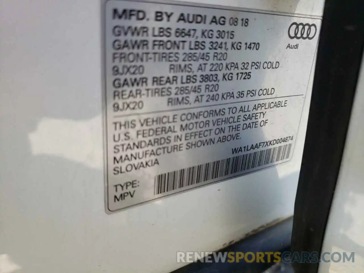 10 Photograph of a damaged car WA1LAAF7XKD004874 AUDI Q7 2019