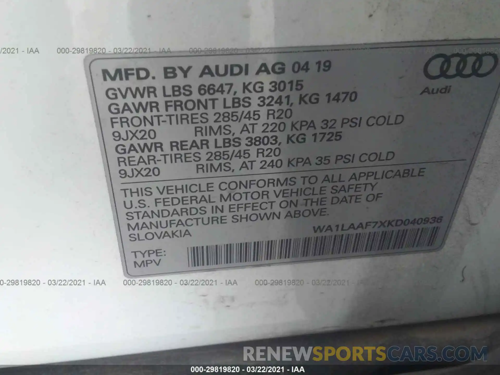 9 Photograph of a damaged car WA1LAAF7XKD040936 AUDI Q7 2019