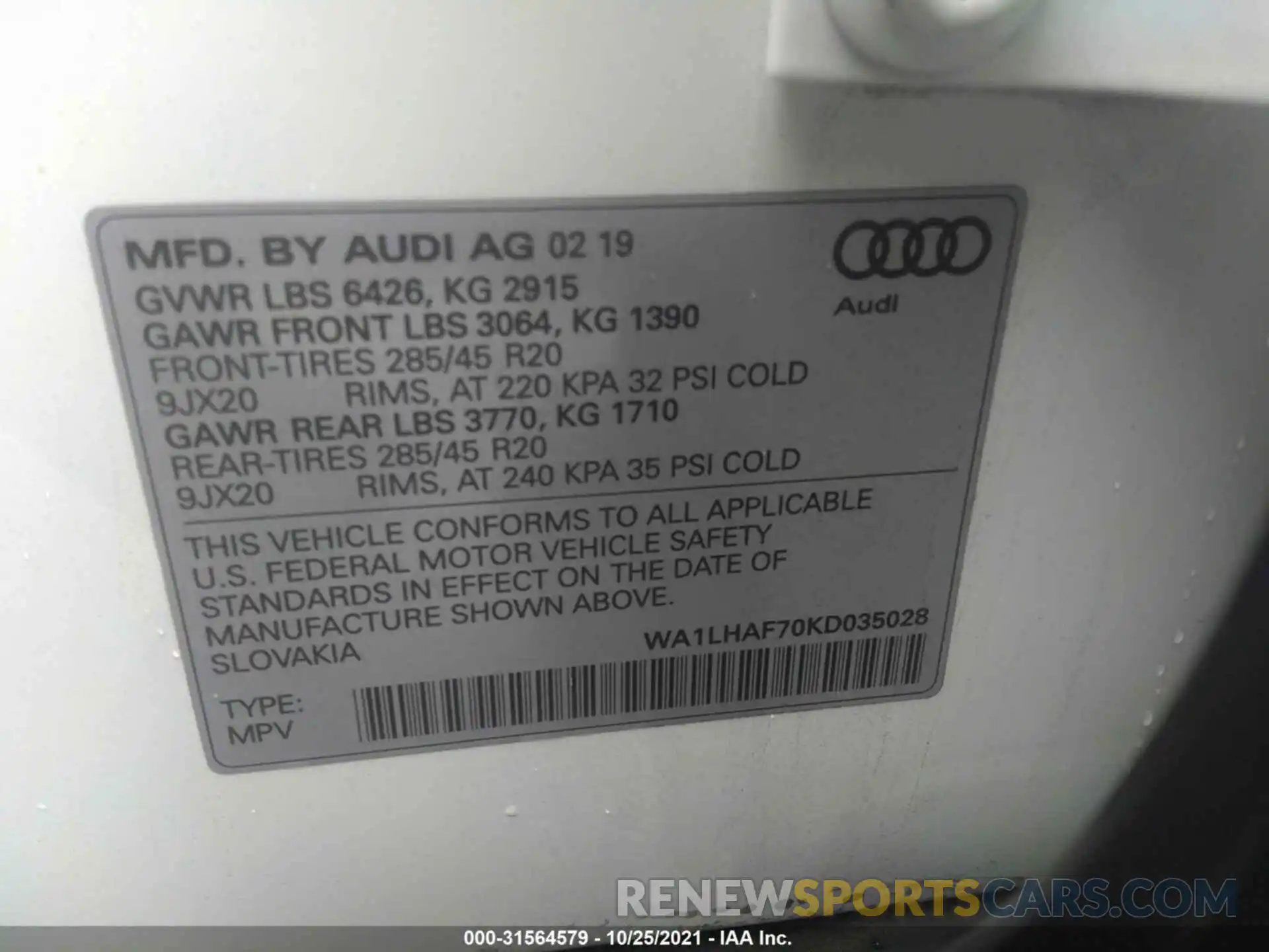 9 Фотография поврежденного автомобиля WA1LHAF70KD035028 AUDI Q7 2019