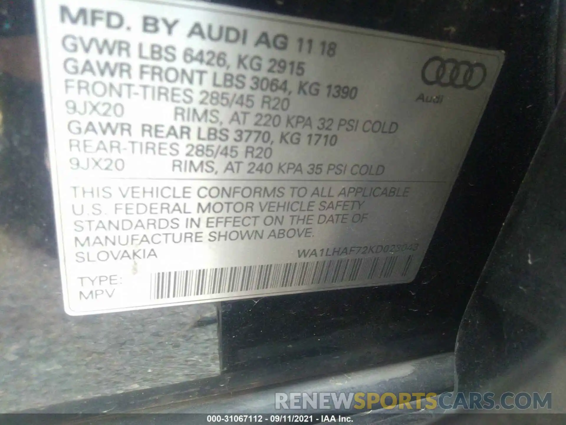 9 Photograph of a damaged car WA1LHAF72KD023043 AUDI Q7 2019