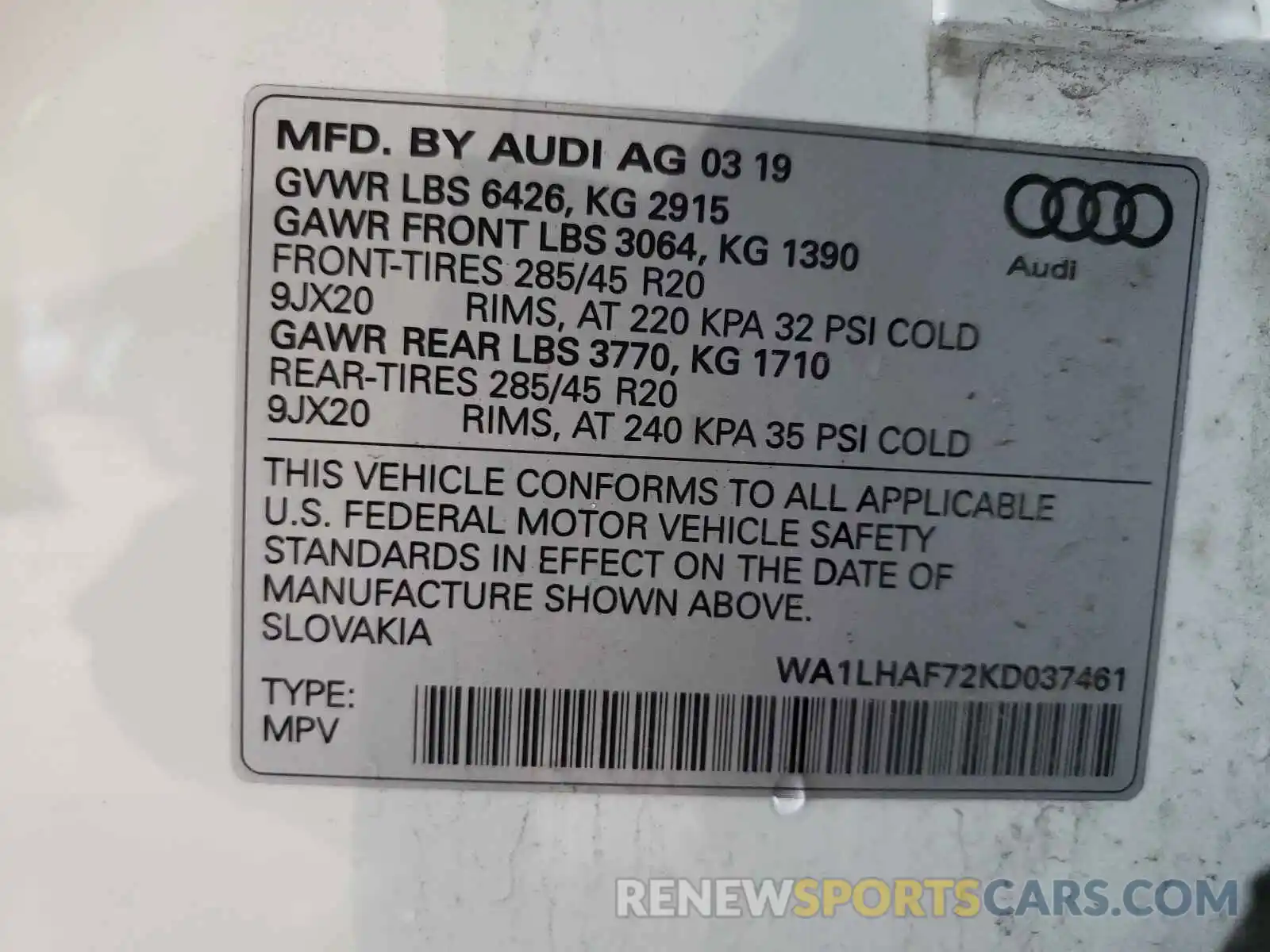 10 Фотография поврежденного автомобиля WA1LHAF72KD037461 AUDI Q7 2019