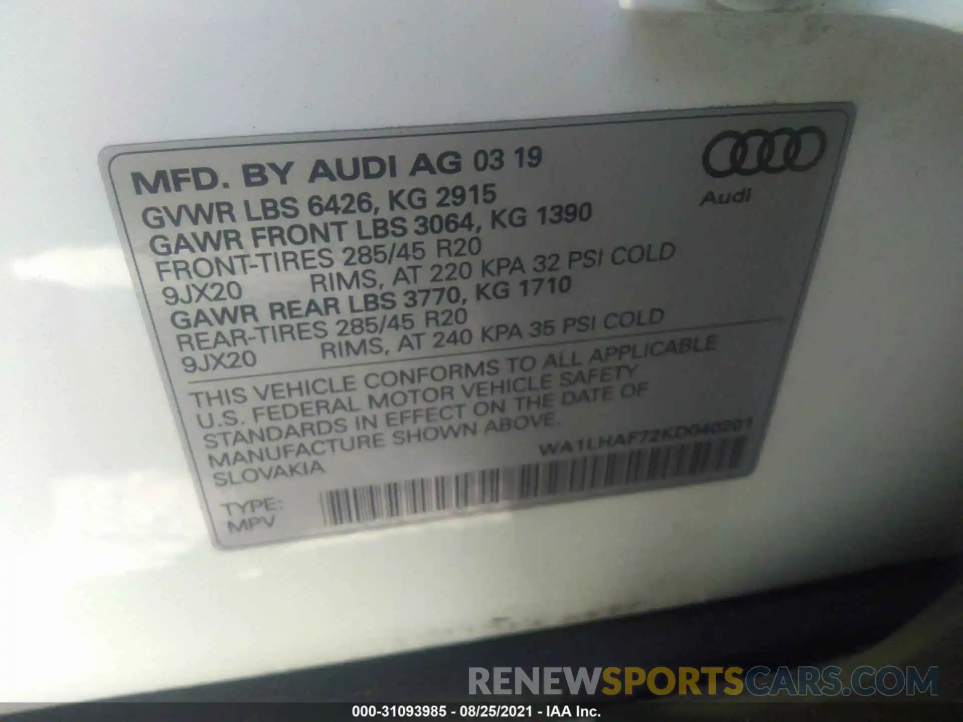 9 Photograph of a damaged car WA1LHAF72KD040201 AUDI Q7 2019