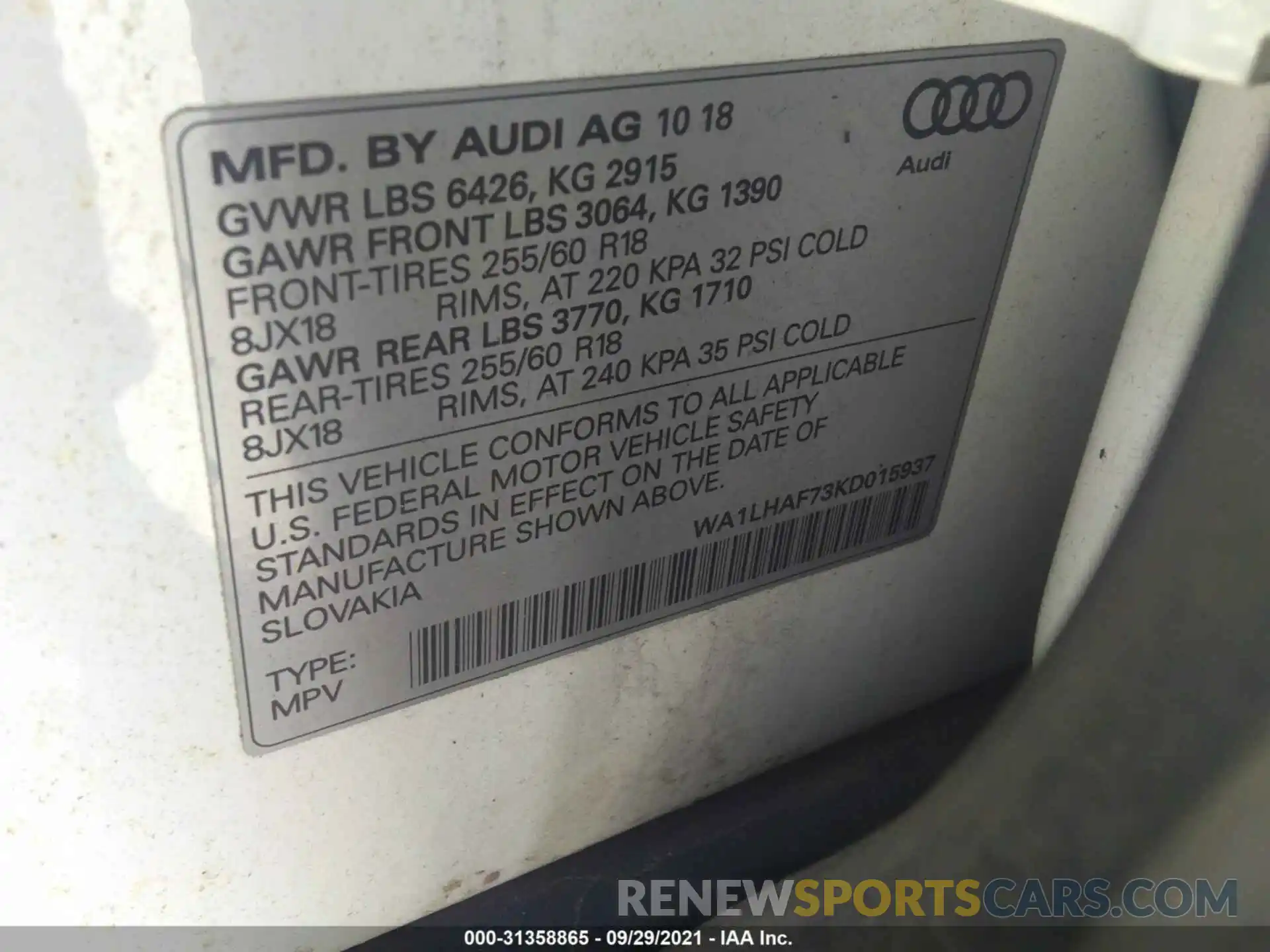 9 Фотография поврежденного автомобиля WA1LHAF73KD015937 AUDI Q7 2019