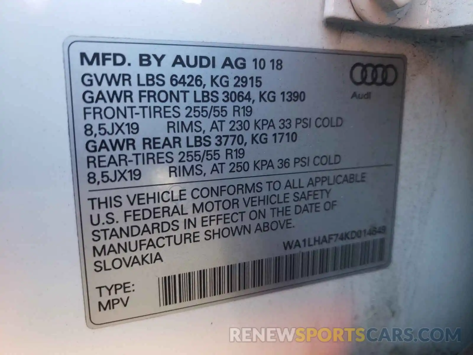 10 Фотография поврежденного автомобиля WA1LHAF74KD014649 AUDI Q7 2019