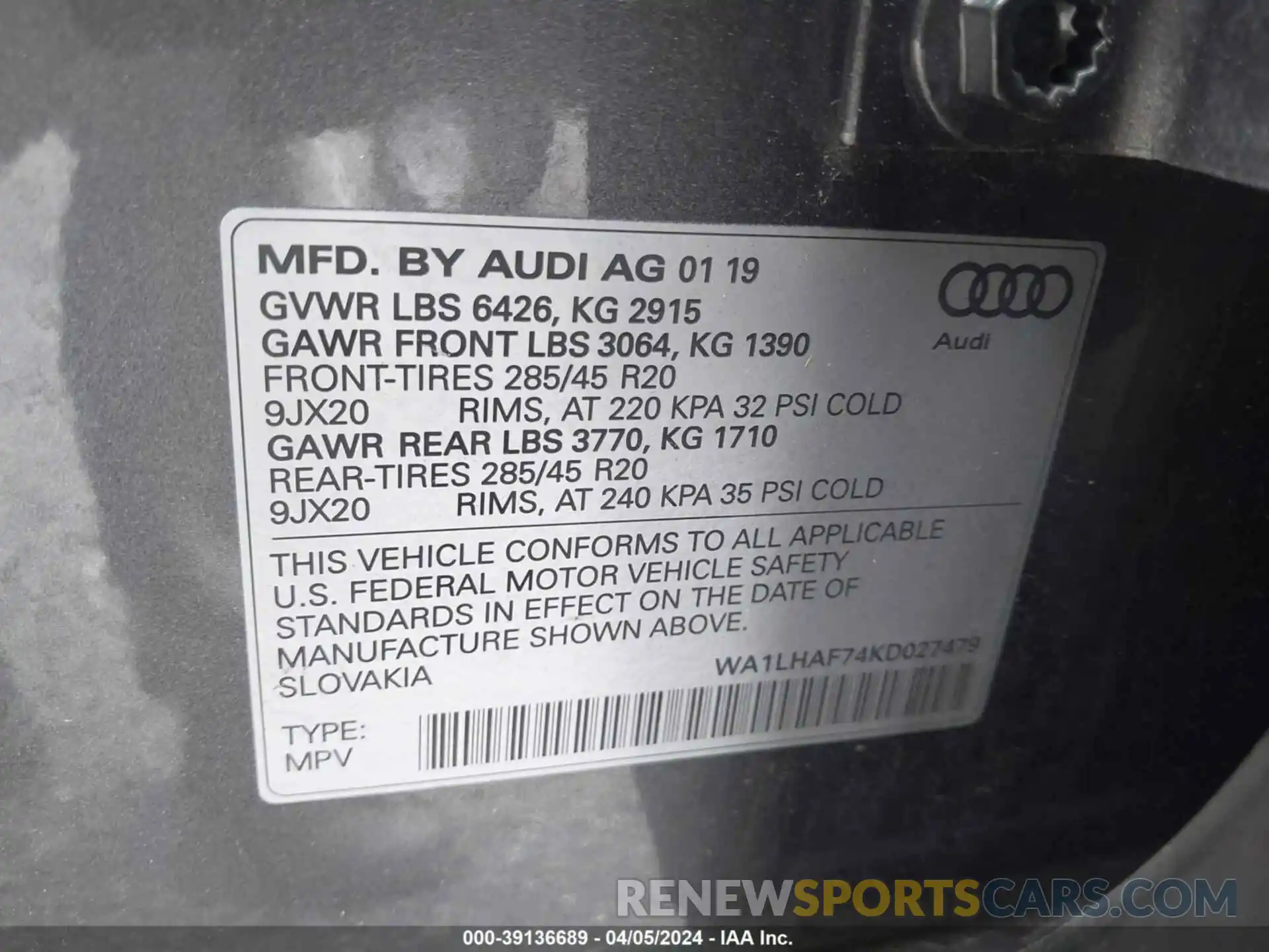 9 Фотография поврежденного автомобиля WA1LHAF74KD027479 AUDI Q7 2019