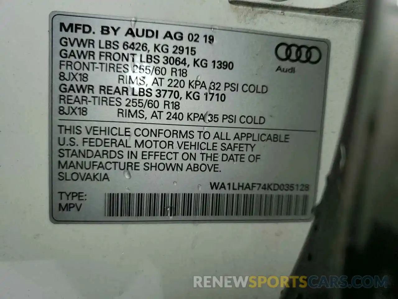 10 Photograph of a damaged car WA1LHAF74KD035128 AUDI Q7 2019