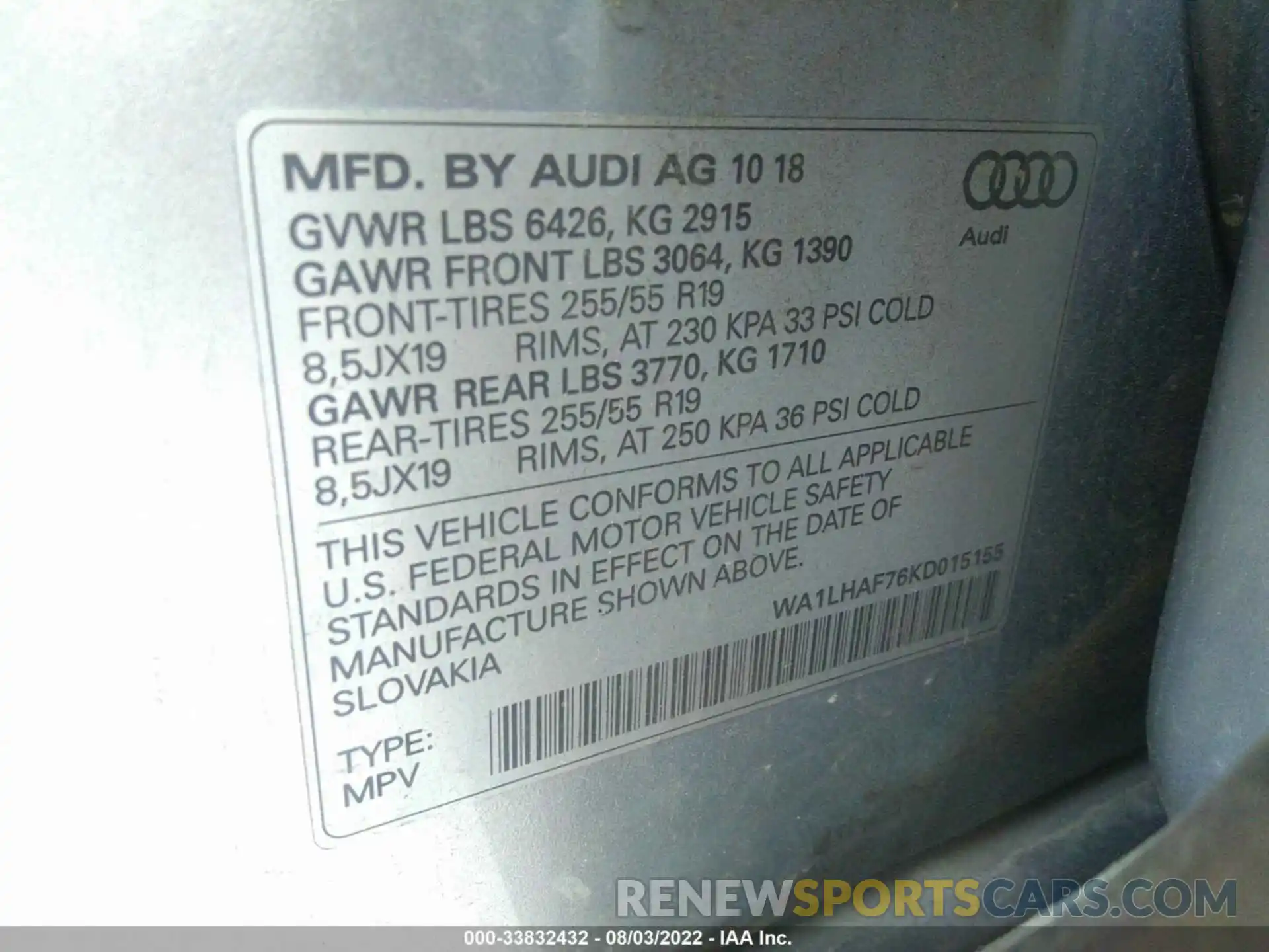 9 Фотография поврежденного автомобиля WA1LHAF76KD015155 AUDI Q7 2019