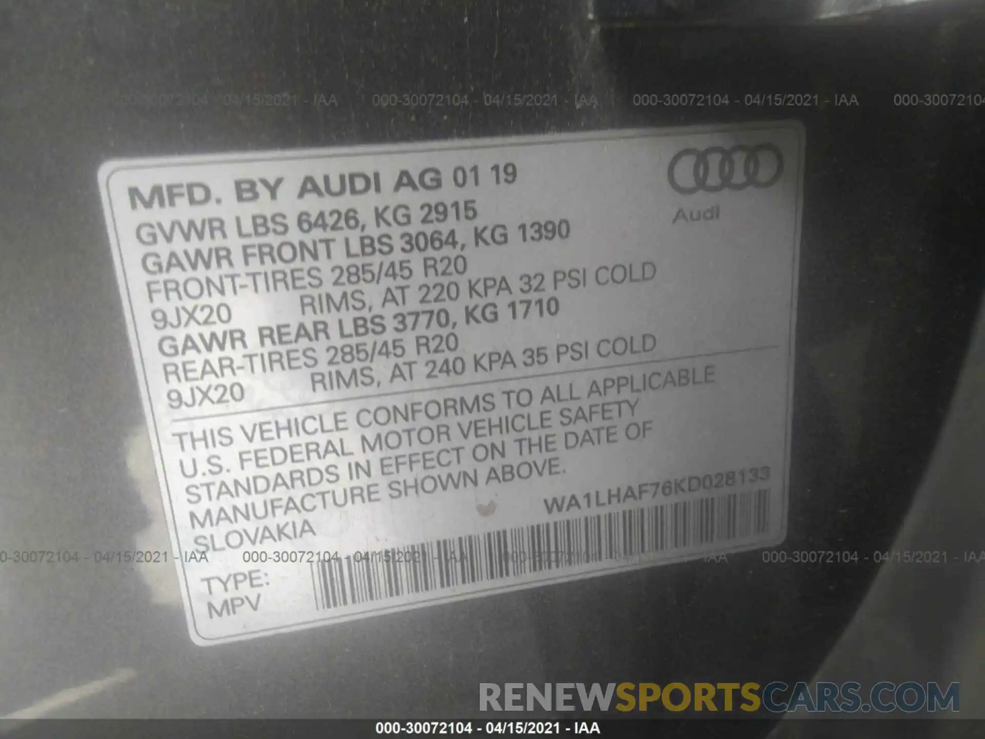 9 Фотография поврежденного автомобиля WA1LHAF76KD028133 AUDI Q7 2019