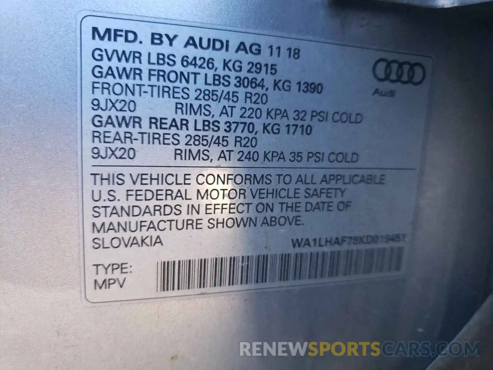 10 Фотография поврежденного автомобиля WA1LHAF78KD019451 AUDI Q7 2019