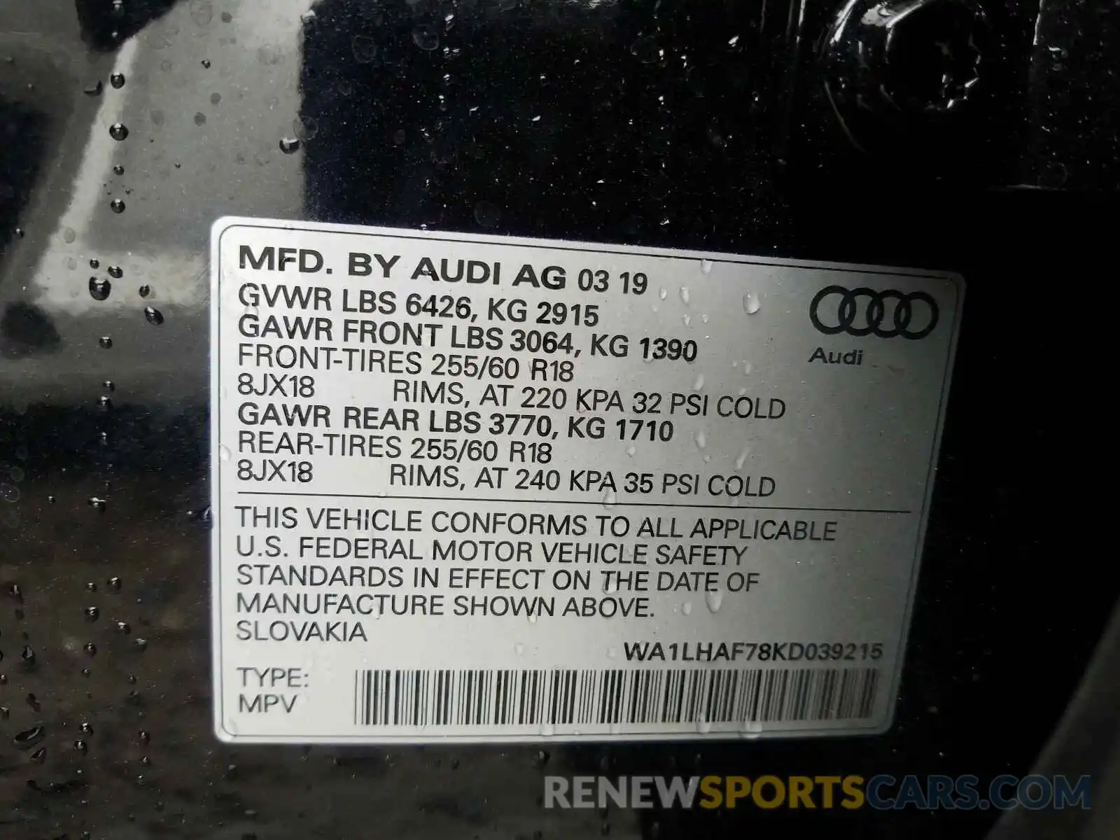 10 Photograph of a damaged car WA1LHAF78KD039215 AUDI Q7 2019