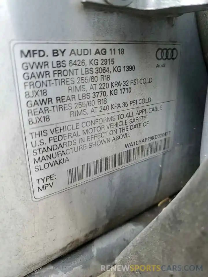 12 Photograph of a damaged car WA1LHAF79KD020477 AUDI Q7 2019