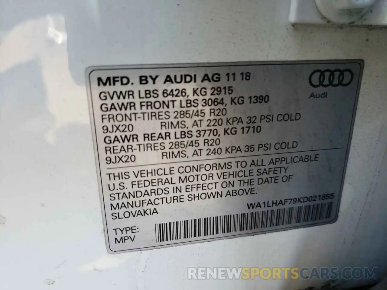 10 Photograph of a damaged car WA1LHAF79KD021855 AUDI Q7 2019