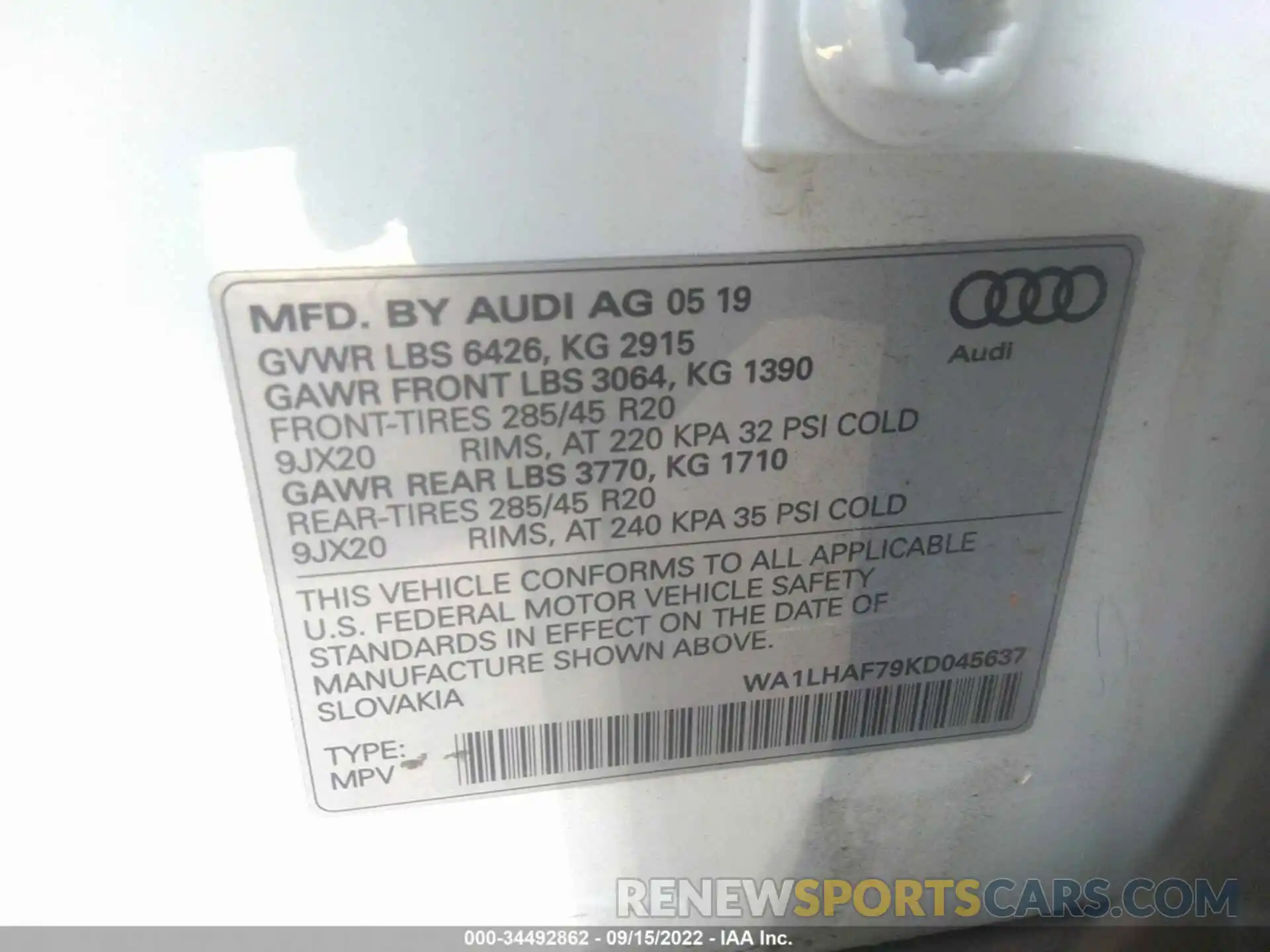 9 Photograph of a damaged car WA1LHAF79KD045637 AUDI Q7 2019