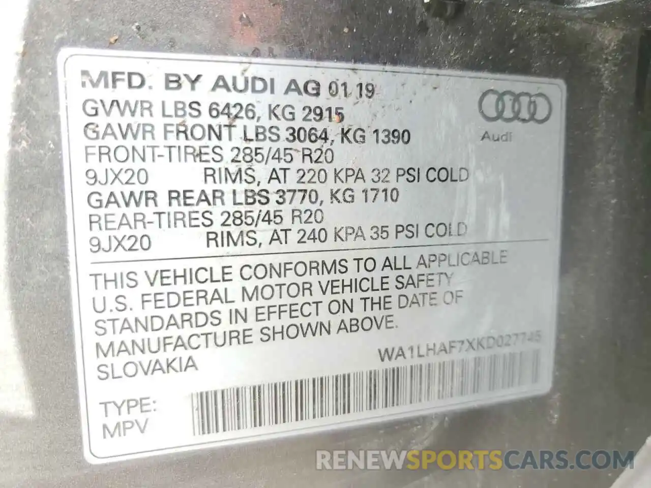 10 Фотография поврежденного автомобиля WA1LHAF7XKD027745 AUDI Q7 2019