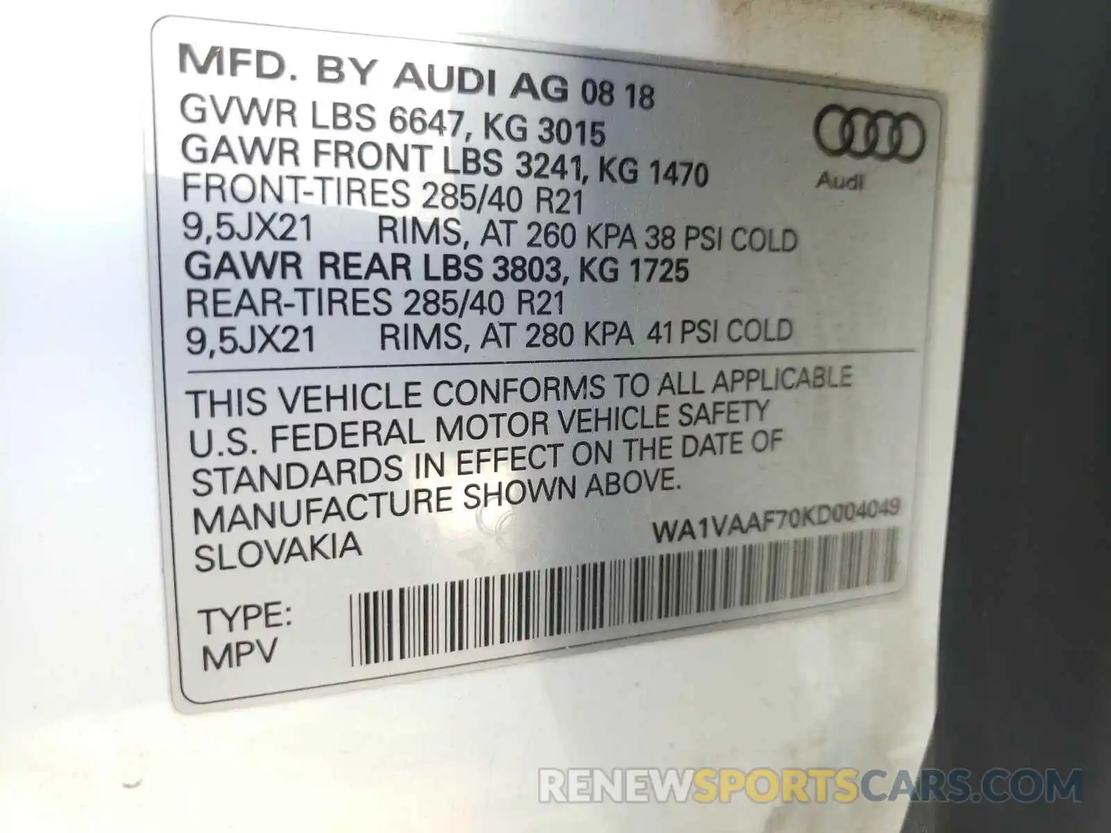 10 Фотография поврежденного автомобиля WA1VAAF70KD004049 AUDI Q7 2019