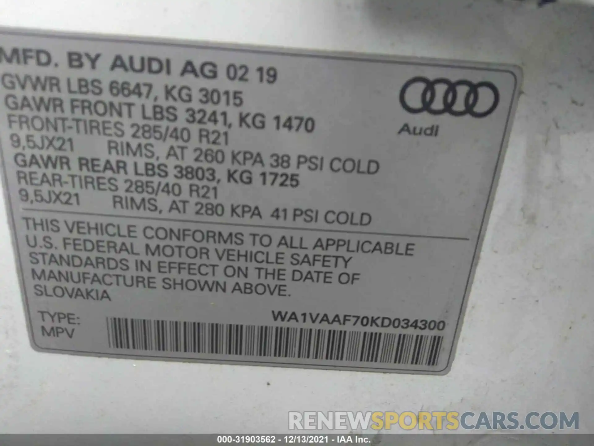 9 Фотография поврежденного автомобиля WA1VAAF70KD034300 AUDI Q7 2019