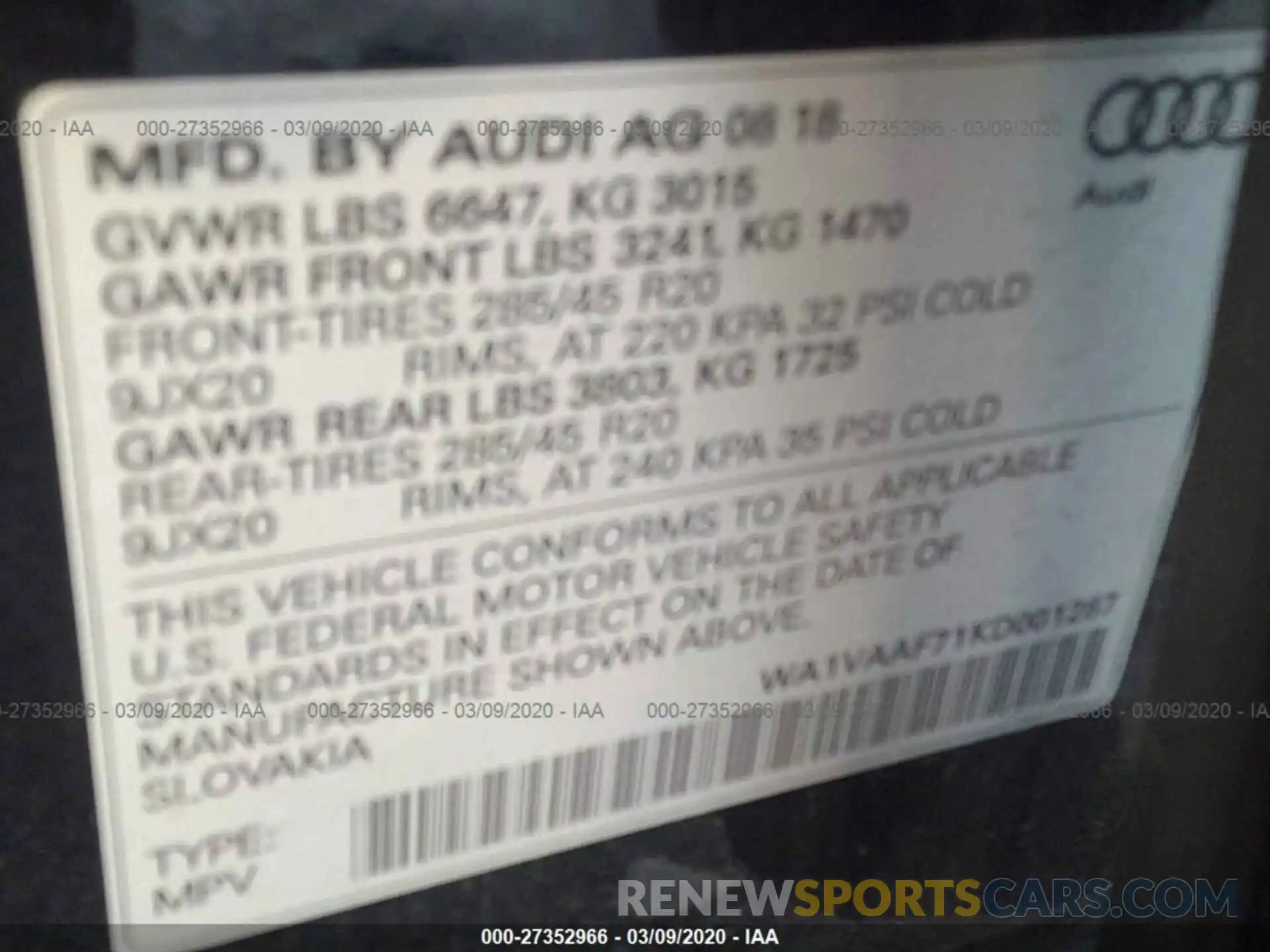 9 Фотография поврежденного автомобиля WA1VAAF71KD001287 AUDI Q7 2019